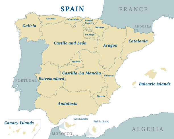 Spain political and administrative map. 17 autonomous communities and two autonomous cities. English labeling.  All isolated on white background. Vector Spain political and administrative map. 17 autonomous communities and two autonomous cities. English labeling.  All isolated on white background. Vector illustration ceuta map stock illustrations