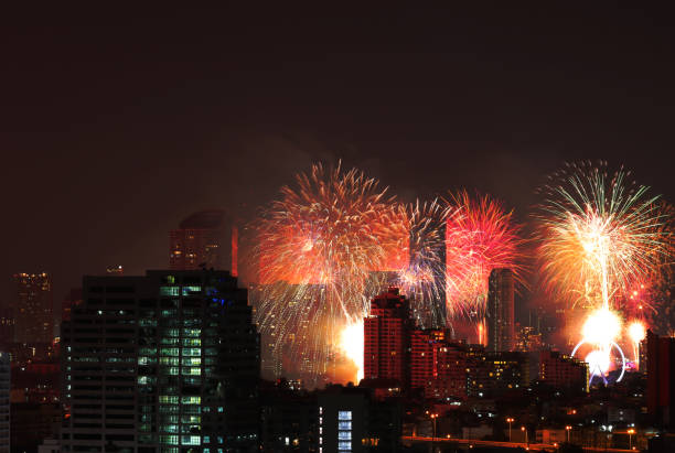 istock Firework lighting in bangkok cityscape background, Thailand.Night view and firework. 1344355233