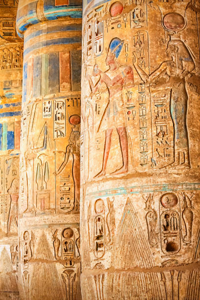 Mortuary Temple of Ramses III Medinet Habu Luxor Egypt Columns with hieroglyphs at the Mortuary Temple of Ramesses III at Medinet Habu, Luxor, Egypt on sunny day. medinet habu stock pictures, royalty-free photos & images