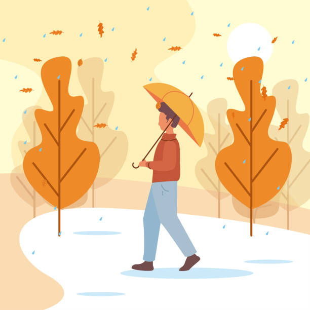 Autumn concept - man in the rain autumn illustration, holiday celebraton, man in the rain, park illustration thanksgiving live wallpaper stock illustrations