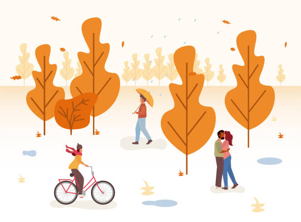 Autumn concept - people in the park autumn illustration, holiday people illsutration orange life thanksgiving live wallpaper stock illustrations