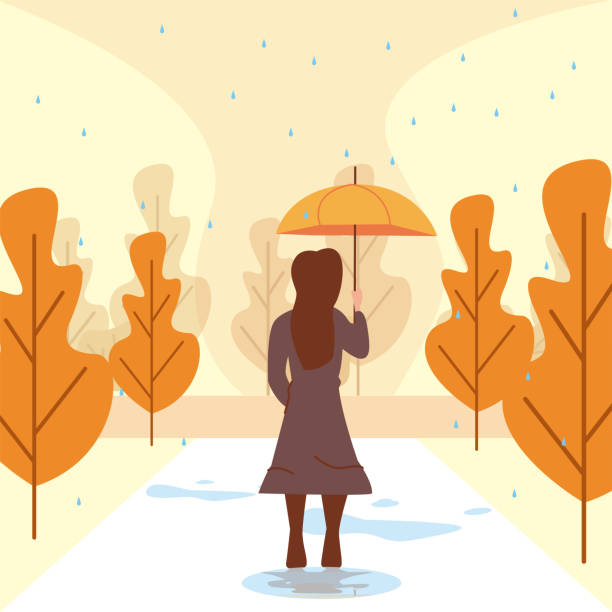 Autumn concept - woman in the rain autumn illustration, holiday, people lifestyle, woman in the rain thanksgiving live wallpaper stock illustrations