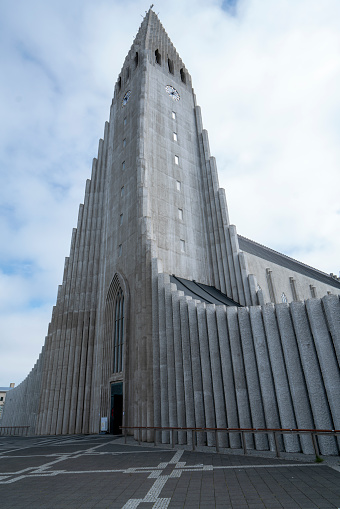Front view of beautiful Lutheran church of Hallgrímur in Reykjavik, Iceland.