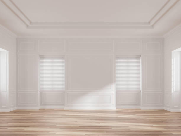habitación vacía de estilo clásico 3d render - blinds showcase interior home decorating window fotografías e imágenes de stock