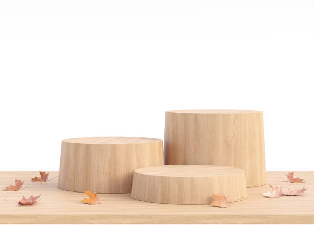 istock Empty wooden cylinder podium with autunm concept isolated on white background 3d render 1344362587