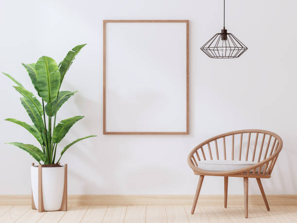 istock Blank wooden picture frame on white paint wall 3d render 1344362588