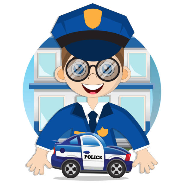ein süßer junge ist ein polizist. - humor badge blue crime stock-grafiken, -clipart, -cartoons und -symbole