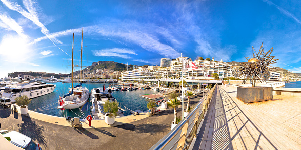 Monte Carlo, Monaco, January 15 2019: Yacht Club de Monaco harbor panoramic view. Club founded in 1953 by Prince Rainier is one of most respectful yacht clubs in the world.. Principality of Monaco.