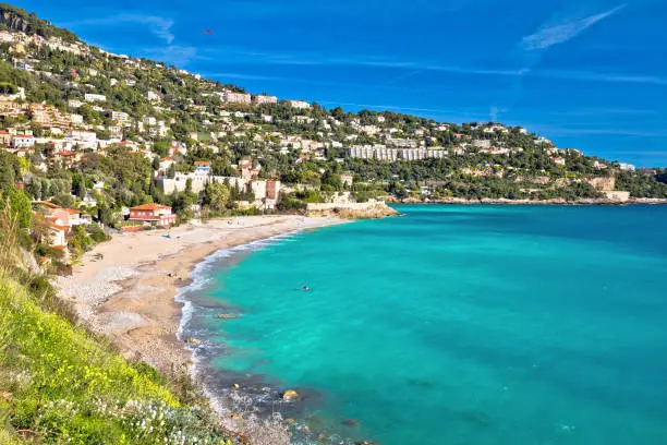 Golfe Bleu beach and Roquebrune-Cap-Martin coastline view, Southern France