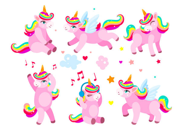 Adorable unicorn cartoon character vector illustrations set Adorable unicorn cartoon character vector illustrations set. Drawings of magical horse with rainbow hair isolated on white background. Magic, fantasy concept for birthday card design for girls or kids pony wings stock illustrations