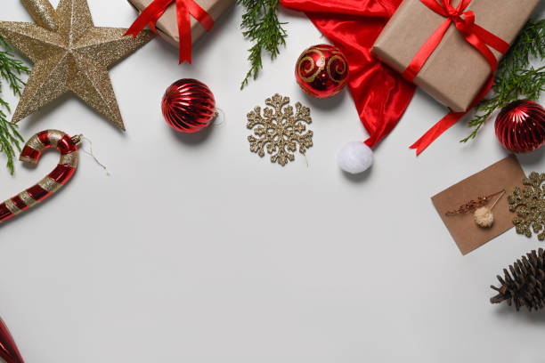 istock Gift boxes, Christmas ornaments and fir tree branches on white background. Christmas and New year concept. 1344371177
