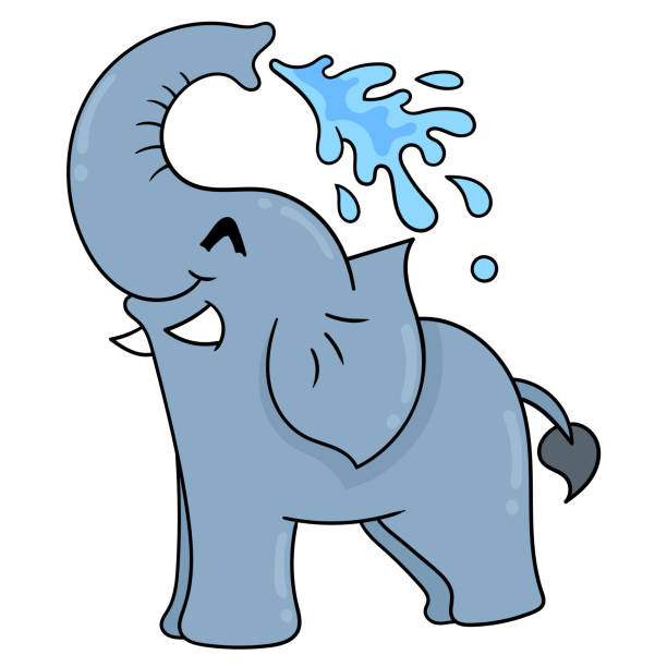 elephant is happy bathing squirting water from trunk, vector illustration art. doodle icon image kawaii. elephant is happy bathing squirting water from trunk, vector illustration art. doodle icon image kawaii. animal trunk stock illustrations