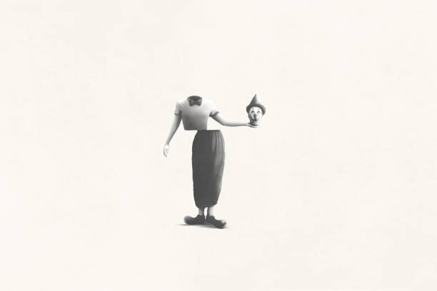 ilustracja surrealistycznego czarno-białego występu klauna - bizarre people eccentric human face stock illustrations