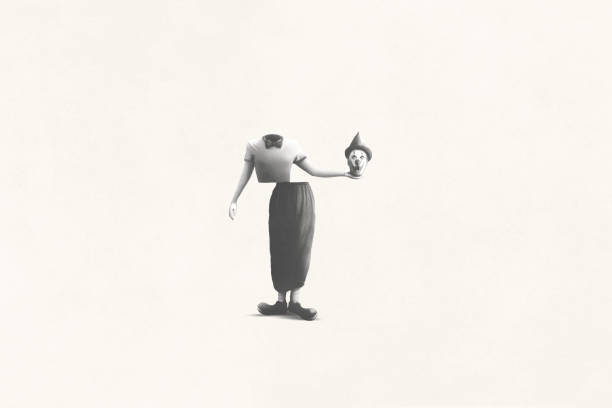 istock illustration of surreal black and white clown performance 1344372684