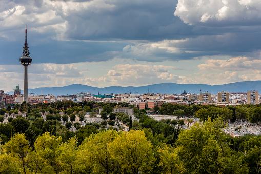 Madrid skyline, seen from a park in Moratalaz with the Almudena cemetery in the foreground and the skyscrapers, called Cuatro Torres, in the background, Spain