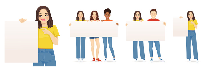 Beautiful smiling young woman in jeans with short hairstyle pointing to empty board. Happy group of friends holding blank placard standing together full length isolated vector illustration