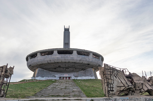 Buzludzha, Bulgaria - May 3, 2021:  Abandoned Memorial House of Bulgarian Communist Party at Buzludzha Peak, Stara Zagora region, Bulgaria
