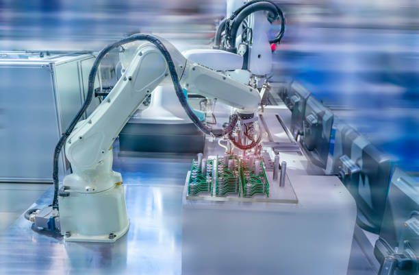 istock Automatic industrial robotic robot working, industry 4.0 and technology concept 1344380235
