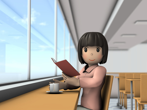 A young woman takes a break while reading. 3D rendering.