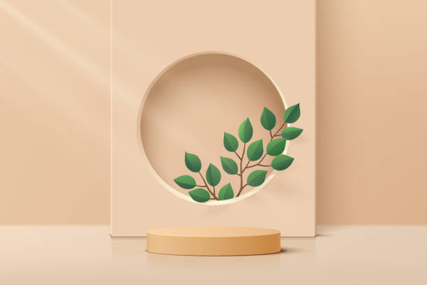 istock Beige, Brown realistic cylinder pedestal podium with green leaf and circle backdrop. Vector abstract studio room with 3D geometric platform. Minimal scene for products showcase, Promotion display 1344381191