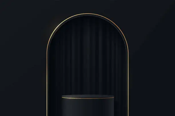 Vector illustration of Black, Gold realistic cylinder pedestal podium with curtain in arch shape window. Vector abstract studio room with 3D geometric platform. Luxury minimal scene for products showcase, Promotion display.