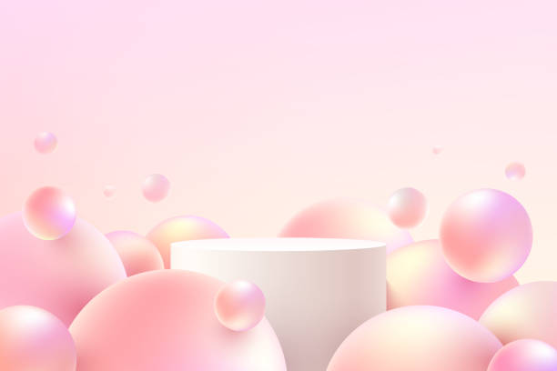istock White and pink realistic cylinder pedestal podium with flying sphere ball or pink bubble. Vector abstract studio room with 3D geometric platform. Pastel minimal scene for products promotion display. 1344381520