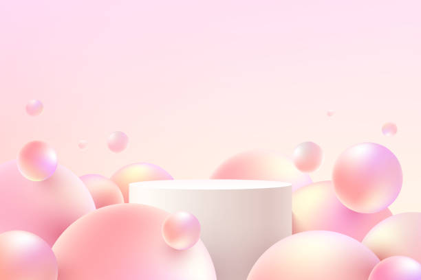 White and pink realistic cylinder pedestal podium with flying sphere ball or pink bubble. Vector abstract studio room with 3D geometric platform. Pastel minimal scene for products promotion display. vector art illustration