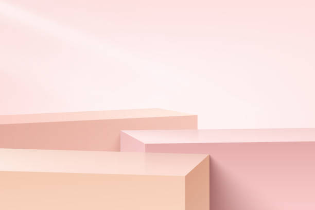 白とピンクの現実的なキューブは、台座を歩くか、ピンクの抽象的な部屋で設定された表彰台を立ちます。3d幾何学的プラットフォームデザインのベクトルスタジオルーム。製品ショーケー� - 見せる点のイラスト素材／クリップアート素材／マンガ素材／アイコン素材