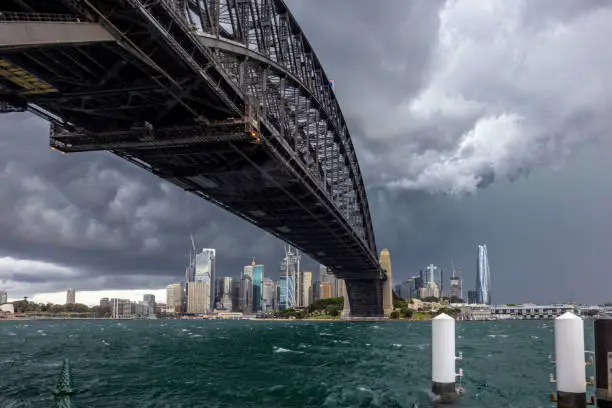 Sydney Harbour Bridge under tornado like clouds, strong wind and rain.
