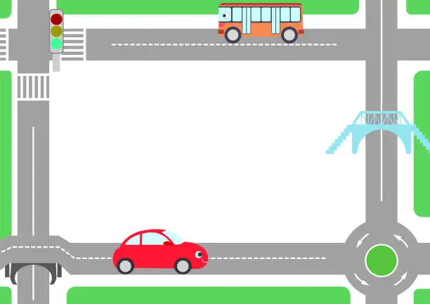 Vector illustration of A message card of the scenery where a smiling red car and a bus come and go. Right side traffic.