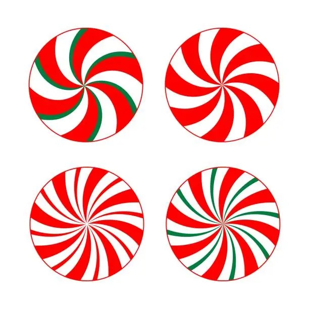 Vector illustration of Vector set with red, green, white peppermint Christmas candies isolated on white background. Xmas traditional round sweets collection, graphic elements for Christmas greetings cards, home decoration.