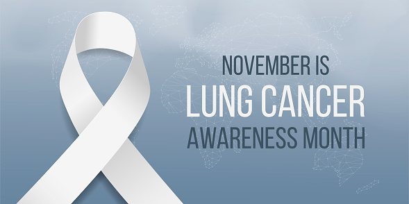 Lung cancer awareness month concept. Banner template with white ribbon awareness. Isolated on dark background. Vector illustration.