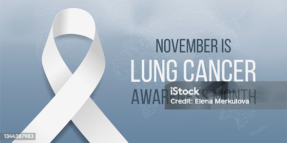 istock Lung cancer awareness month concept. Banner template with white ribbon awareness. Isolated on dark background. Vector illustration. 1344387983