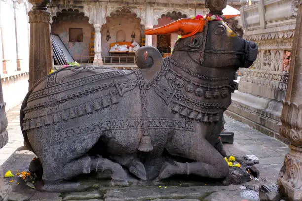 26 September 2021, Siddheshwar Temple, Newasa, Maharashtra, India, There is a beautiful Nandi in front of the Shiva temple. The beautiful carvings on Nandi"u2019s back are very beautiful, nandi is lord Shiva's holy bull.