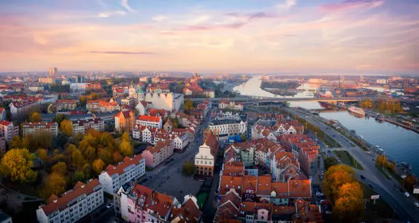 Aerial view of the old town of Szczecin, Odra river and harbour, Poland