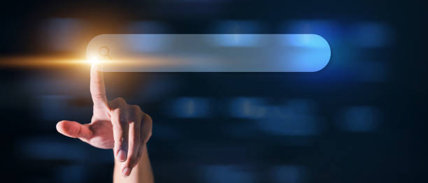 istock Hand touch the search button on the virtual screen to find strategy ideas internet technology information network for business with dark background. 1344393448