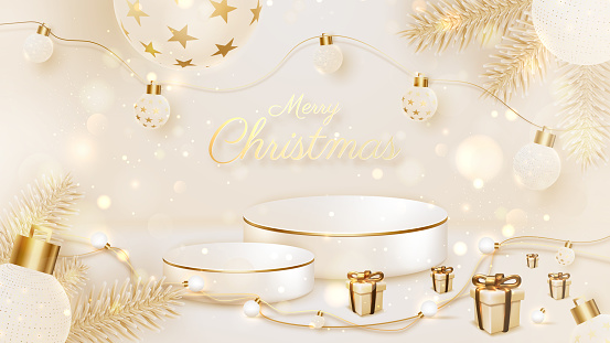 White product show podium on luxury christmas background, golden ball, pine tree, lamp, gift box, bokeh, blur and snow element on scene, celebrations design, 3d realistic banner. Vector illustration.