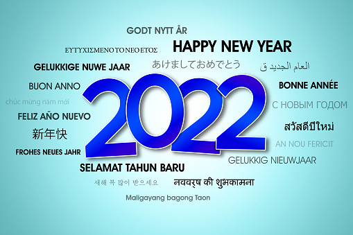Happy new year greeting for 2022 year in different languages with tosca background