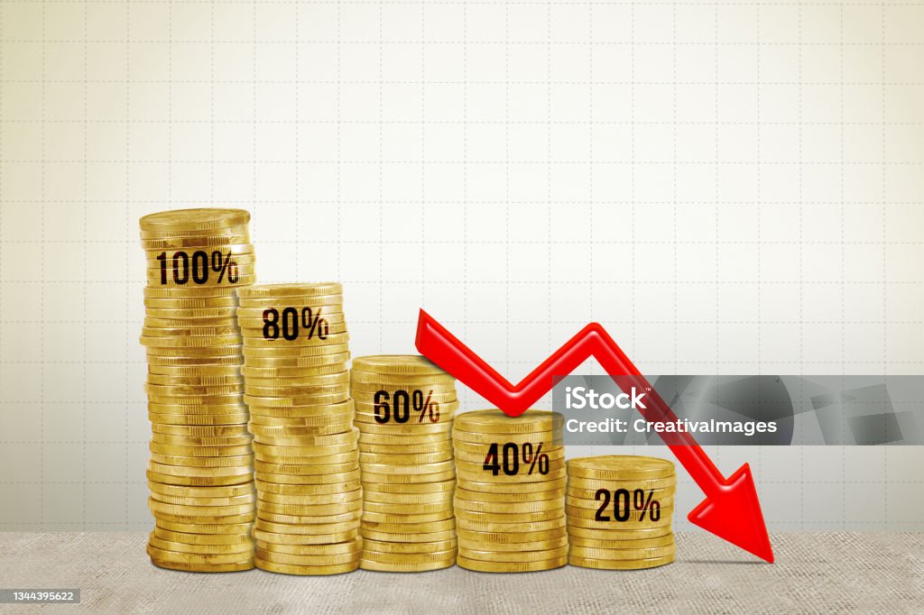 Arrow And Gold Coins Show Percentage Decrease Graph Stock Photo ...