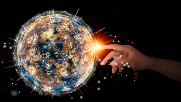 istock Businesswoman touching global network and data exchanges over. The global communication concept. Abstract geometric shape with the earth by 3D rendering 1344399033