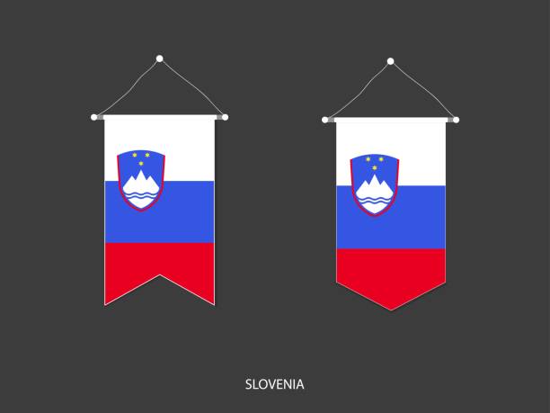 istock 2 style of Slovenia flag. Ribbon versions and Arrow versions. Both isolated on a black background. 1344399133