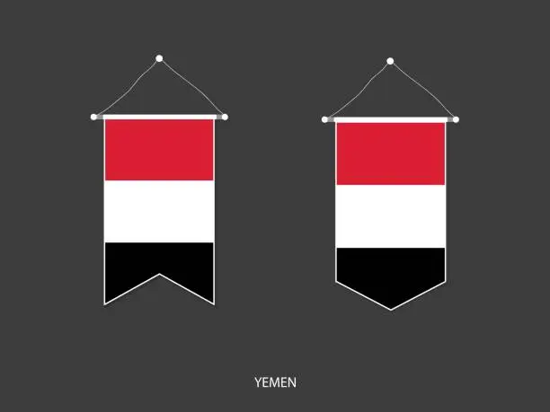 Vector illustration of 2 style of Yemen flag. Ribbon versions and Arrow versions. Both isolated on a black background.