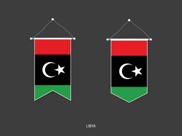 Vector illustration of 2 style of Libya flag. Ribbon versions and Arrow versions. Both isolated on a black background.