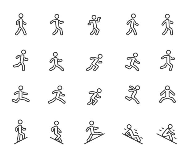 Vector set of movement people line icons. Contains icons walking, running, jumping, climbing, descending, gait and more. Pixel perfect. Vector set of movement people line icons. Contains icons walking, running, jumping, climbing, descending, gait and more. Pixel perfect. blurred motion people walking stock illustrations