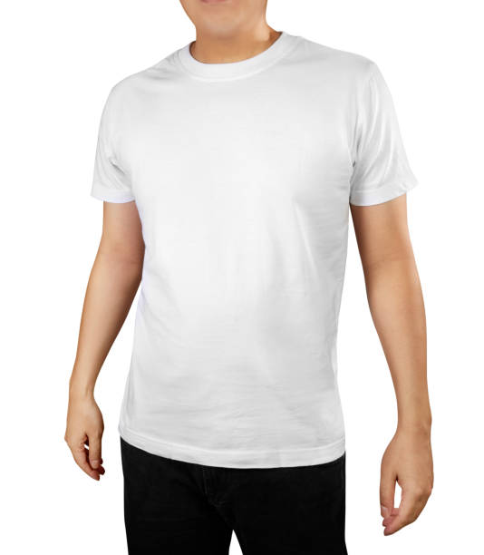 istock Front view of  white t-shirt on a young man isolated on white background 1344402920