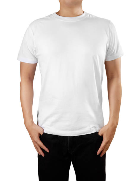 istock Front view of  white t-shirt on a young man isolated on white background 1344402923