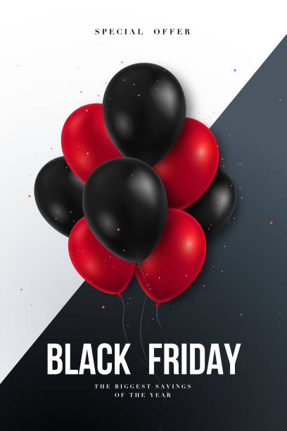 istock Black Friday sale banner. Black and Red shiny balloons bunch Isolated on black and white Background. Modern vector design for poster, flyers, card, advertising brochure and social media. 1344402961