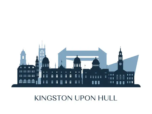 Vector illustration of Kingston Upon Hull skyline, monochrome silhouette. Vector illustration.