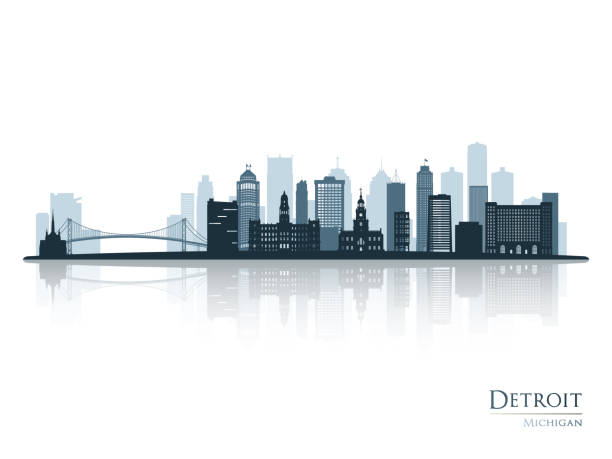 ilustraciones, imágenes clip art, dibujos animados e iconos de stock de silueta del horizonte de detroit con reflejo. paisaje detroit, michigan. ilustración vectorial. - detroit