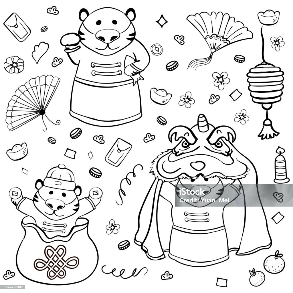 Tigers Chinese New Year Large Coloring Book With Wish Paper Lantern Lion  Costume For Dancing Vector Cartoon Illustration Stock Illustration -  Download Image Now - iStock